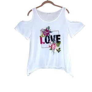LOVE White Floral Cold Shoulder Top